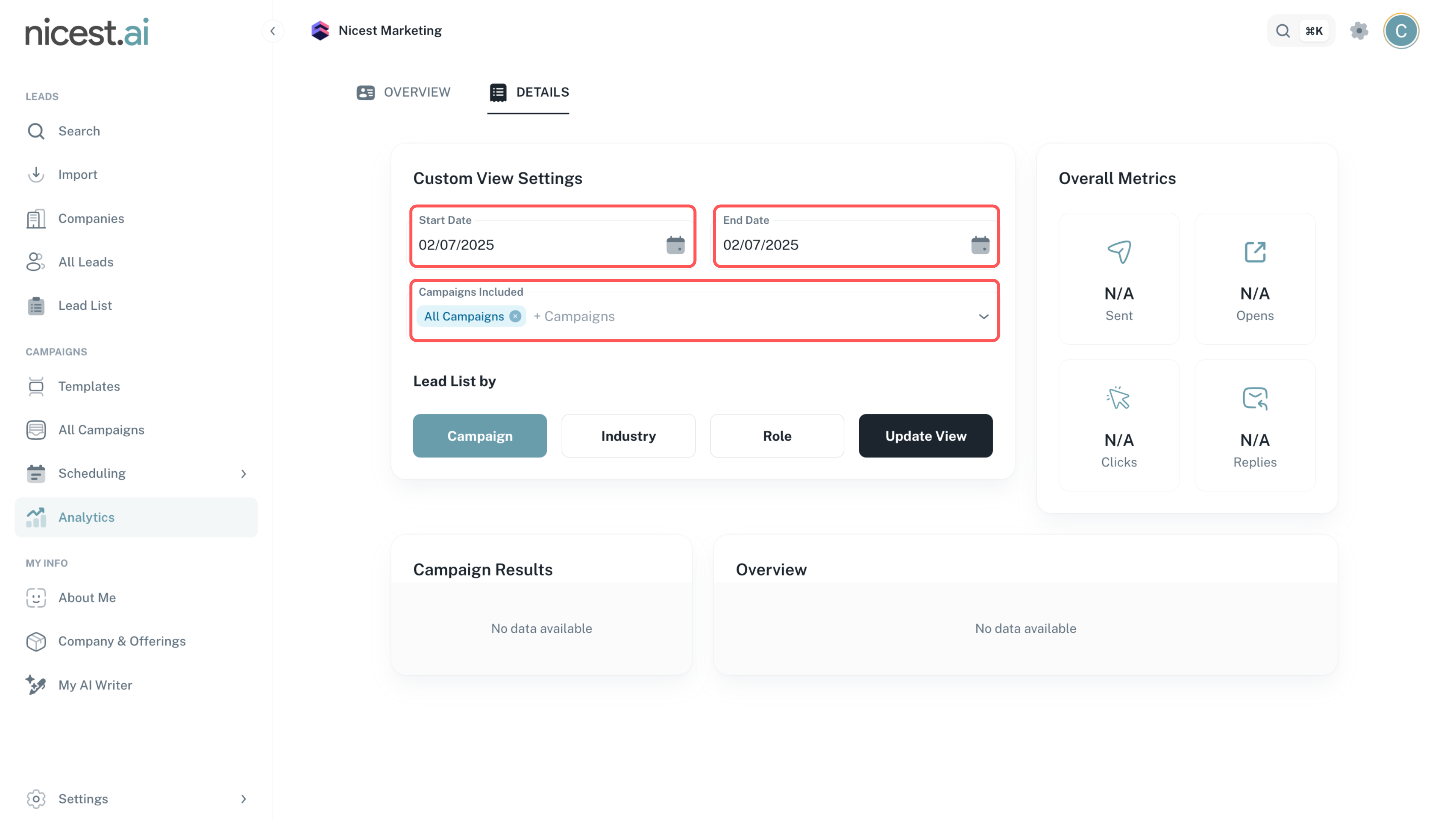 Screenshot of Analytics Details Tab