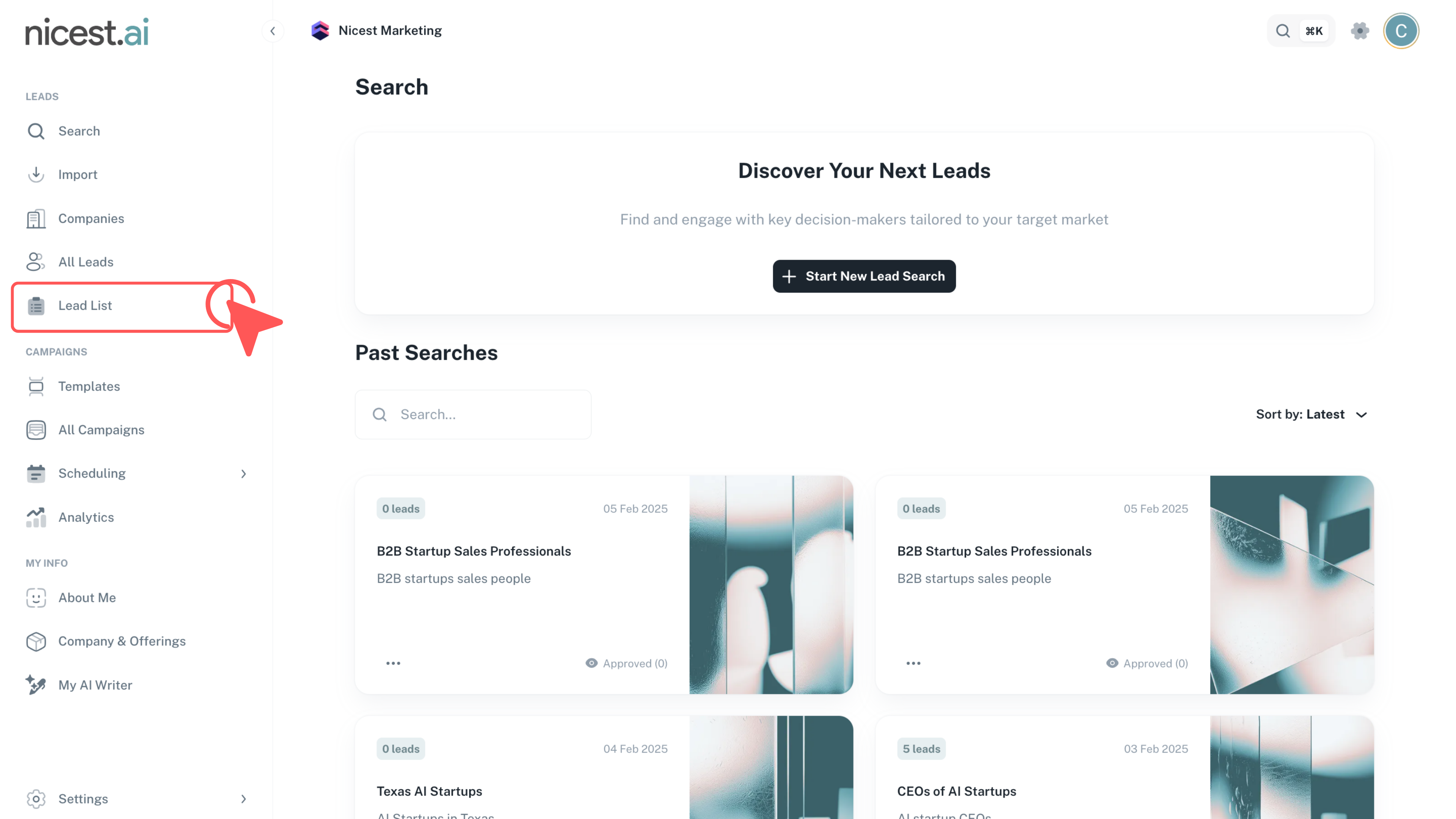 Screenshot of Nicest.ai Lead List Tab
