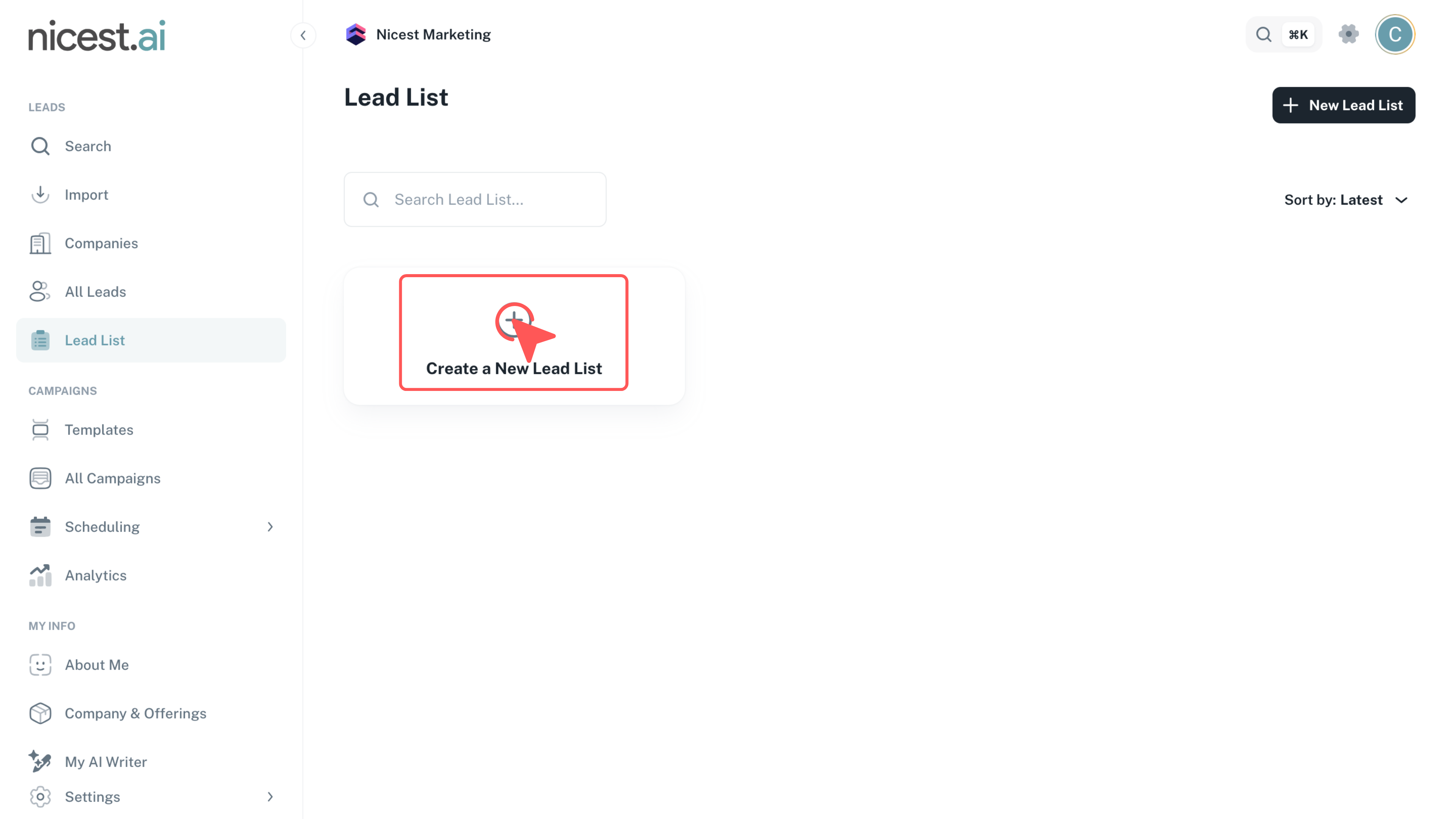 Screenshot of Create New Lead List