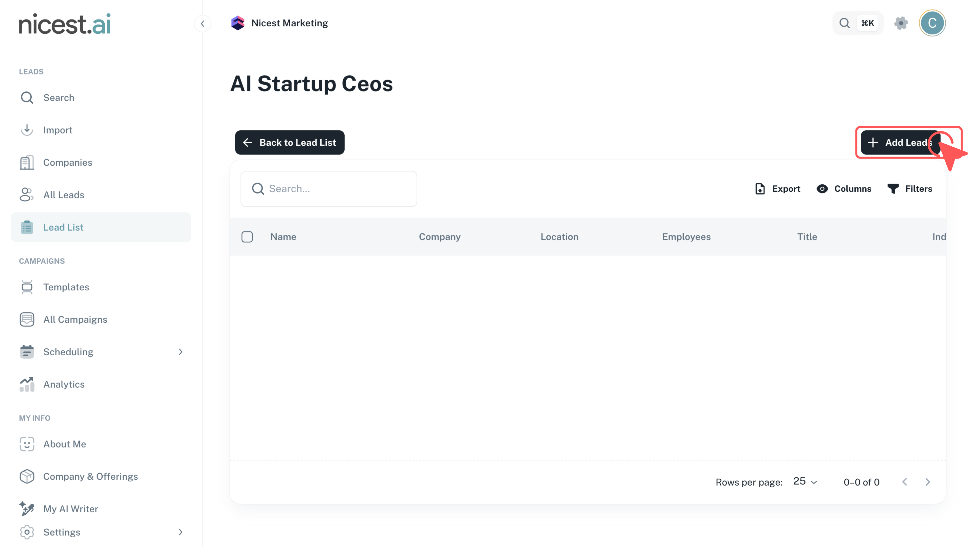 Screenshot of the Add Leads Button