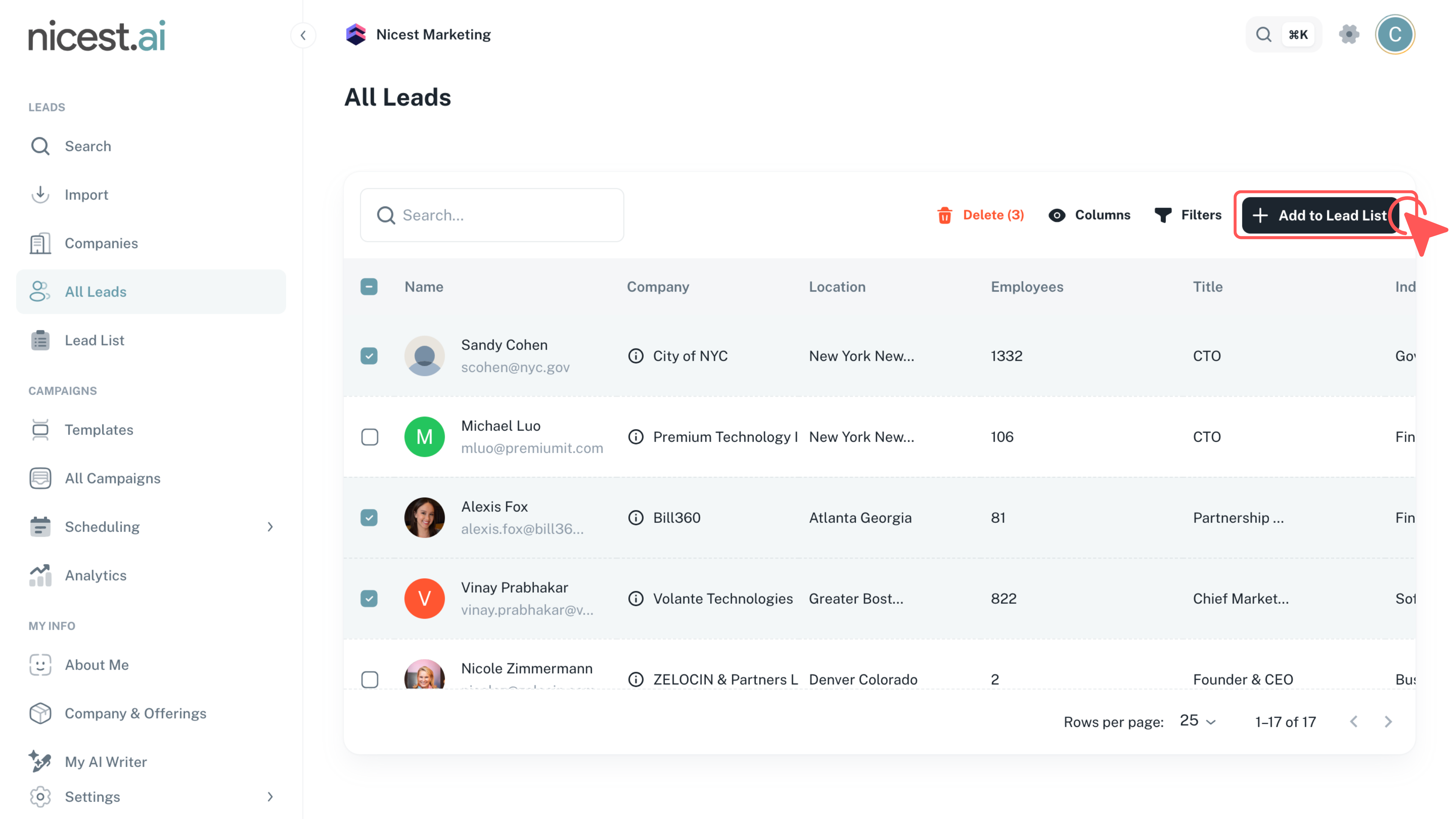 Screenshot of Selecting Leads