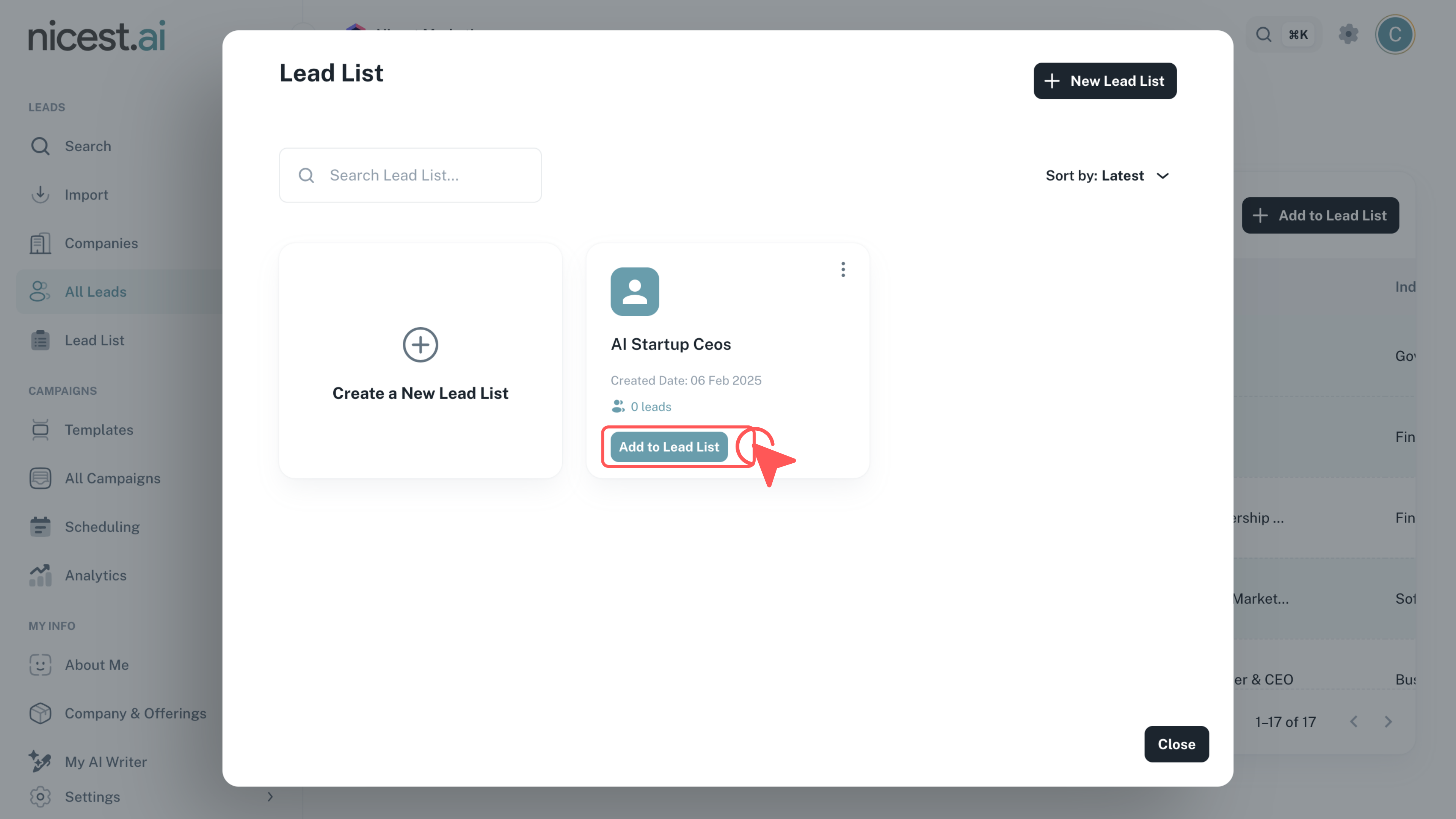 Screenshot of the Final Add to Lead List Button
