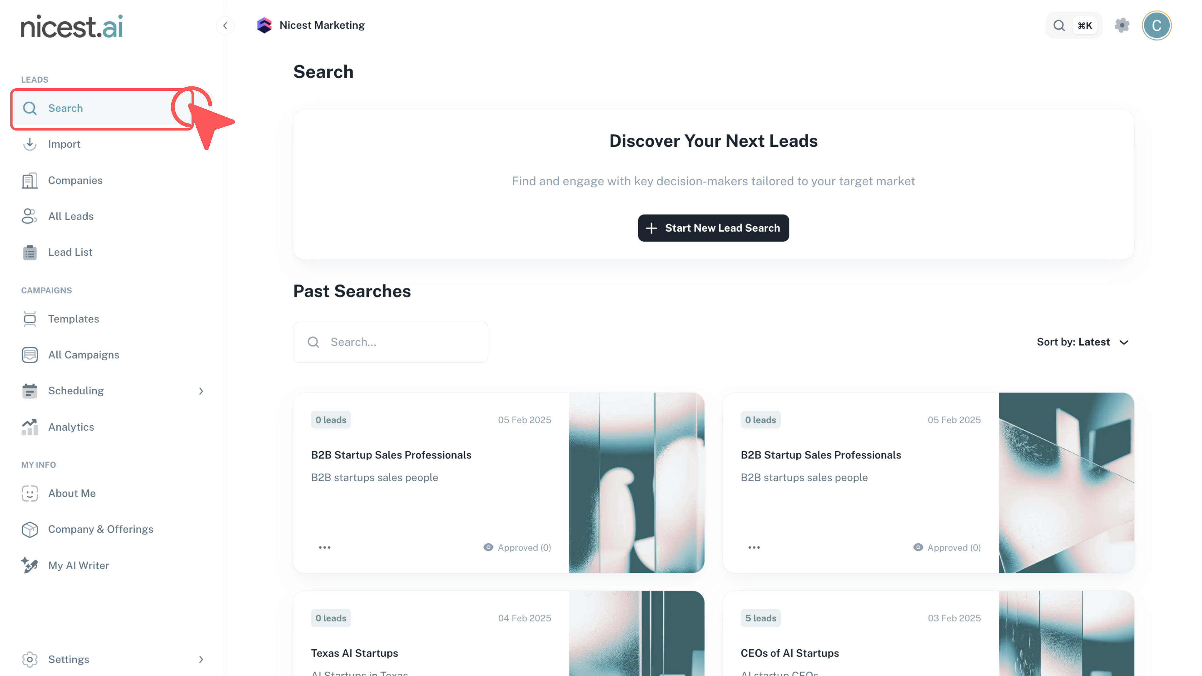 Screenshot of Nicest.ai Search Tab