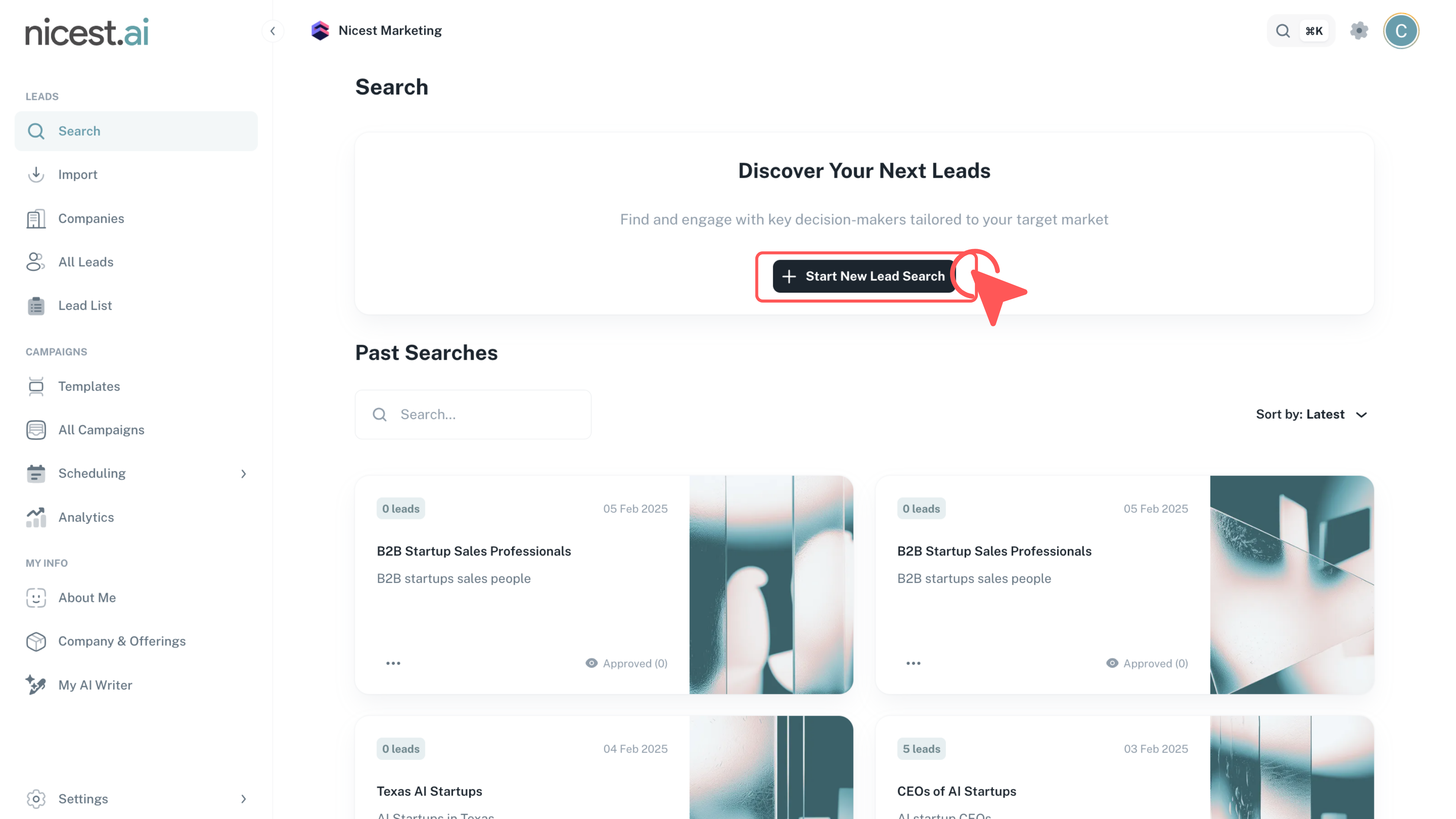 Screenshot of the Start New Lead Search button