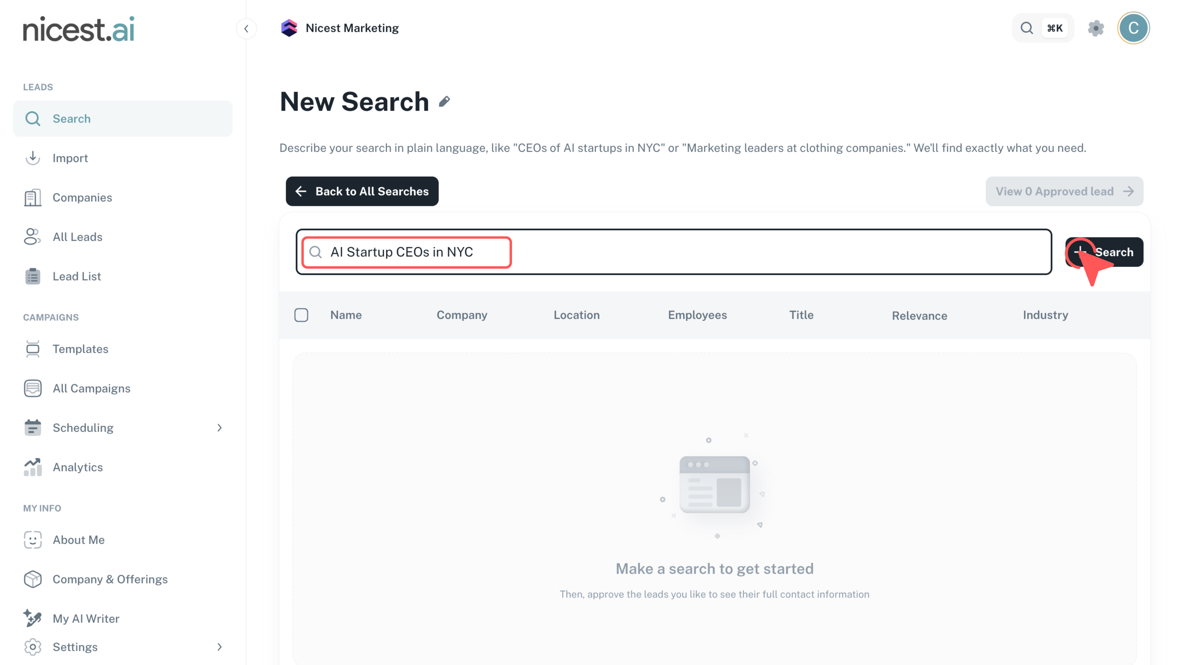 Screenshot of the Lead Search input field