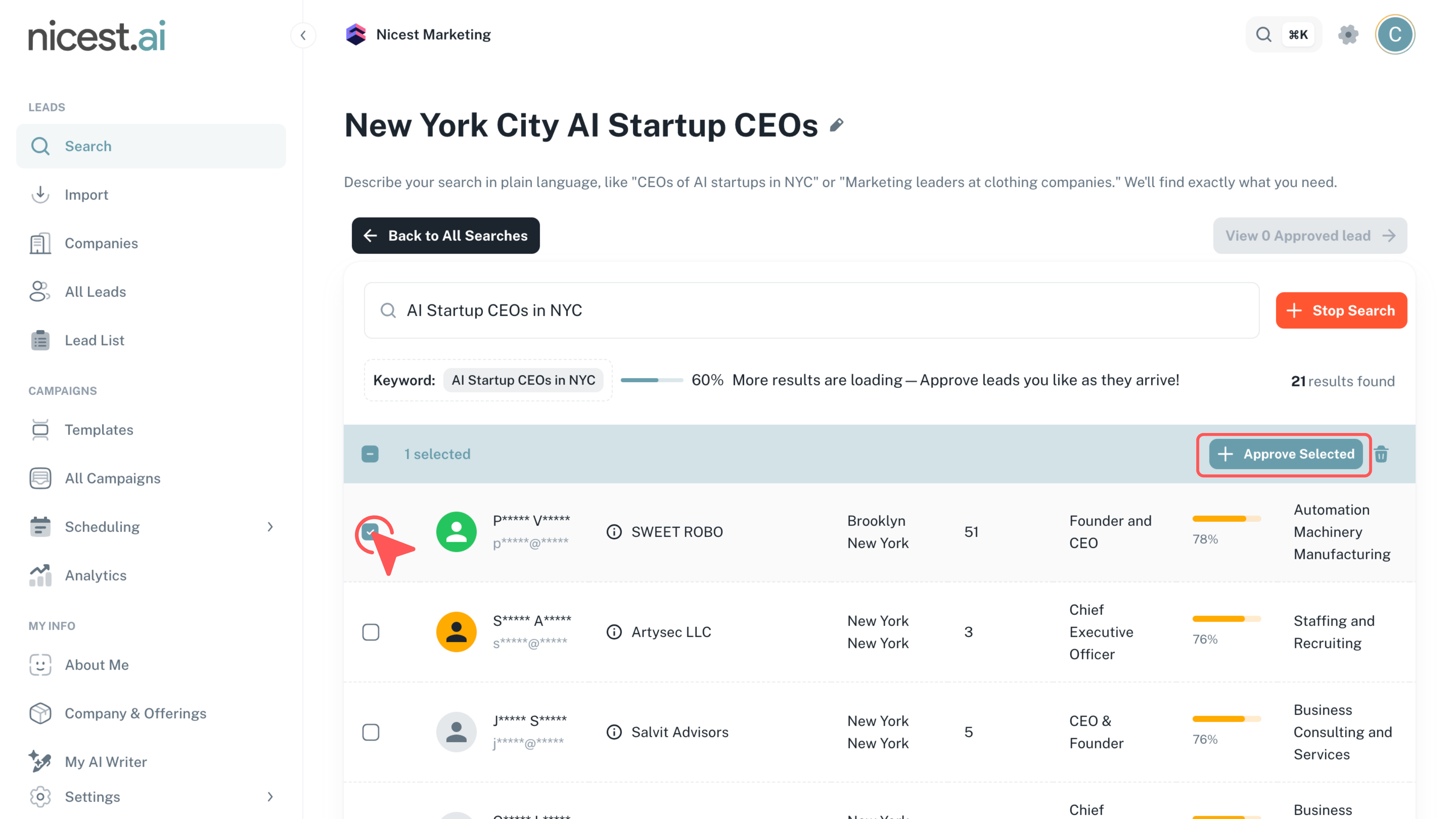 Screenshot of selecting and approving leads