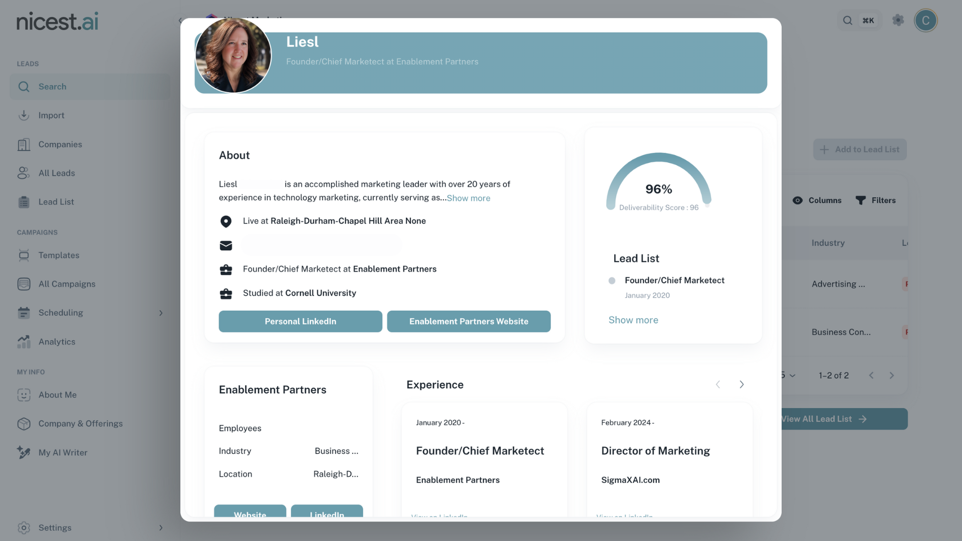 Screenshot of a detailed lead profile