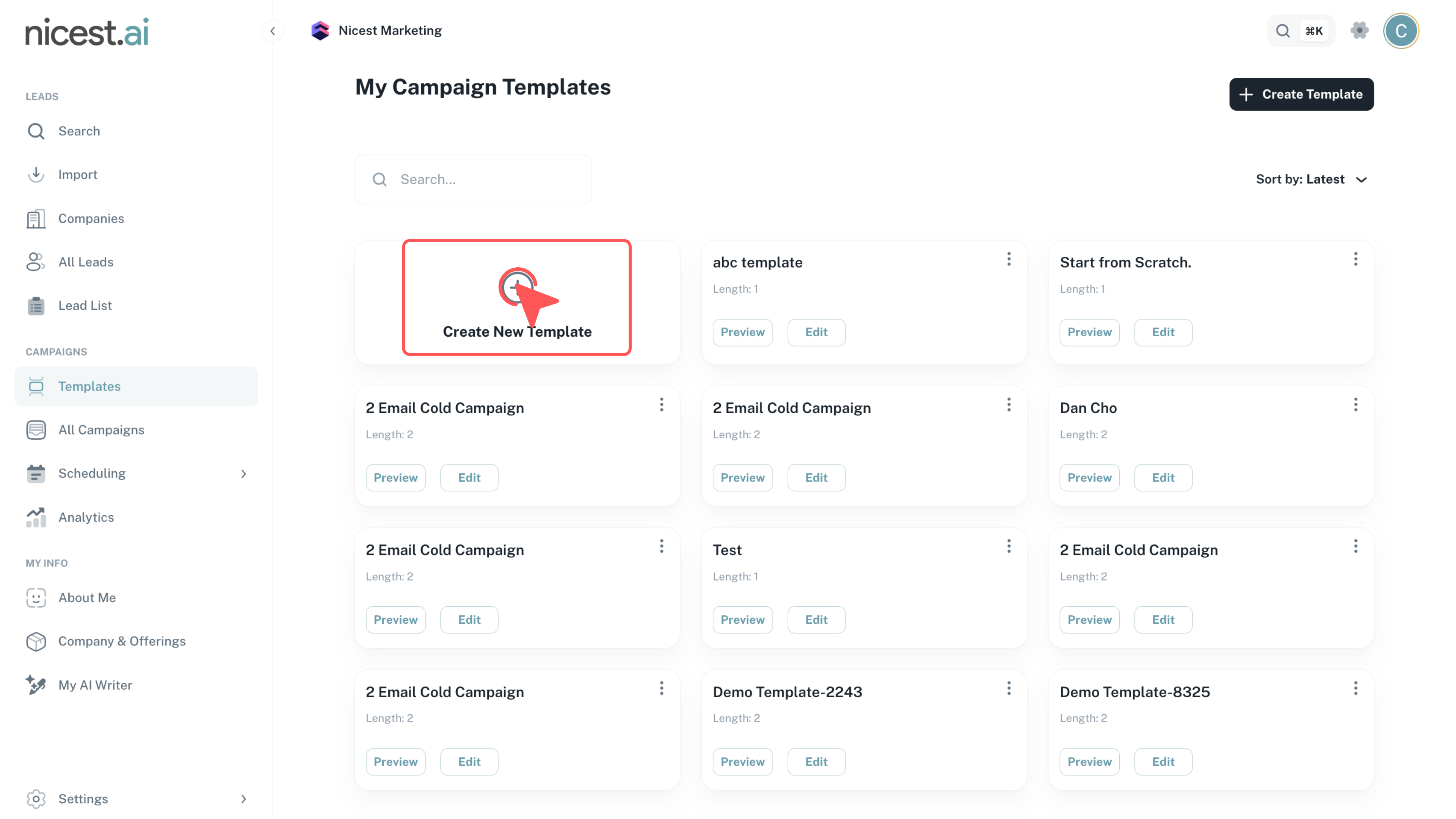 Screenshot of the Template Page with Create New Template button