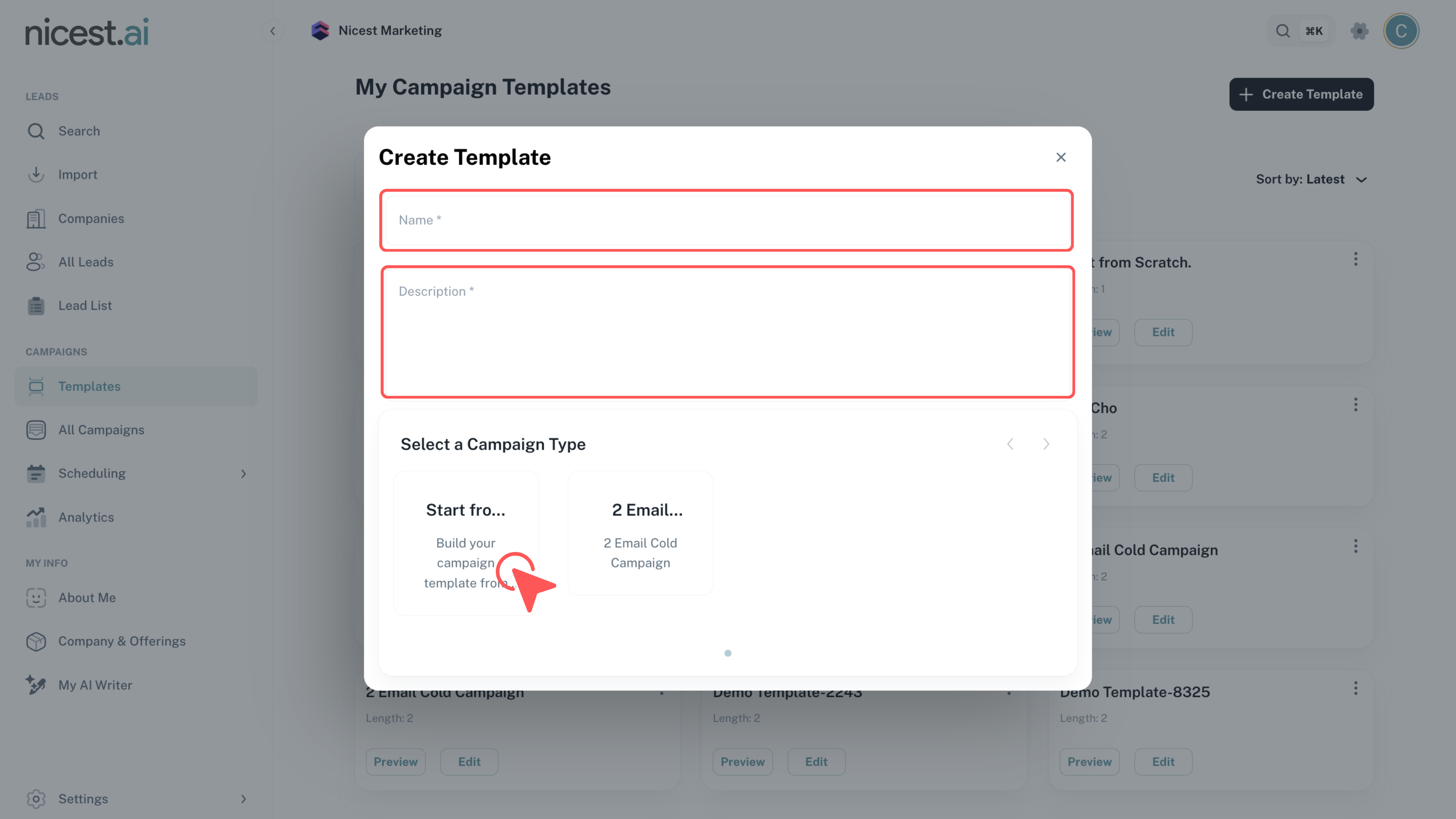 Screenshot of Template Setup options with fields for Name, Description, and Campaign Type