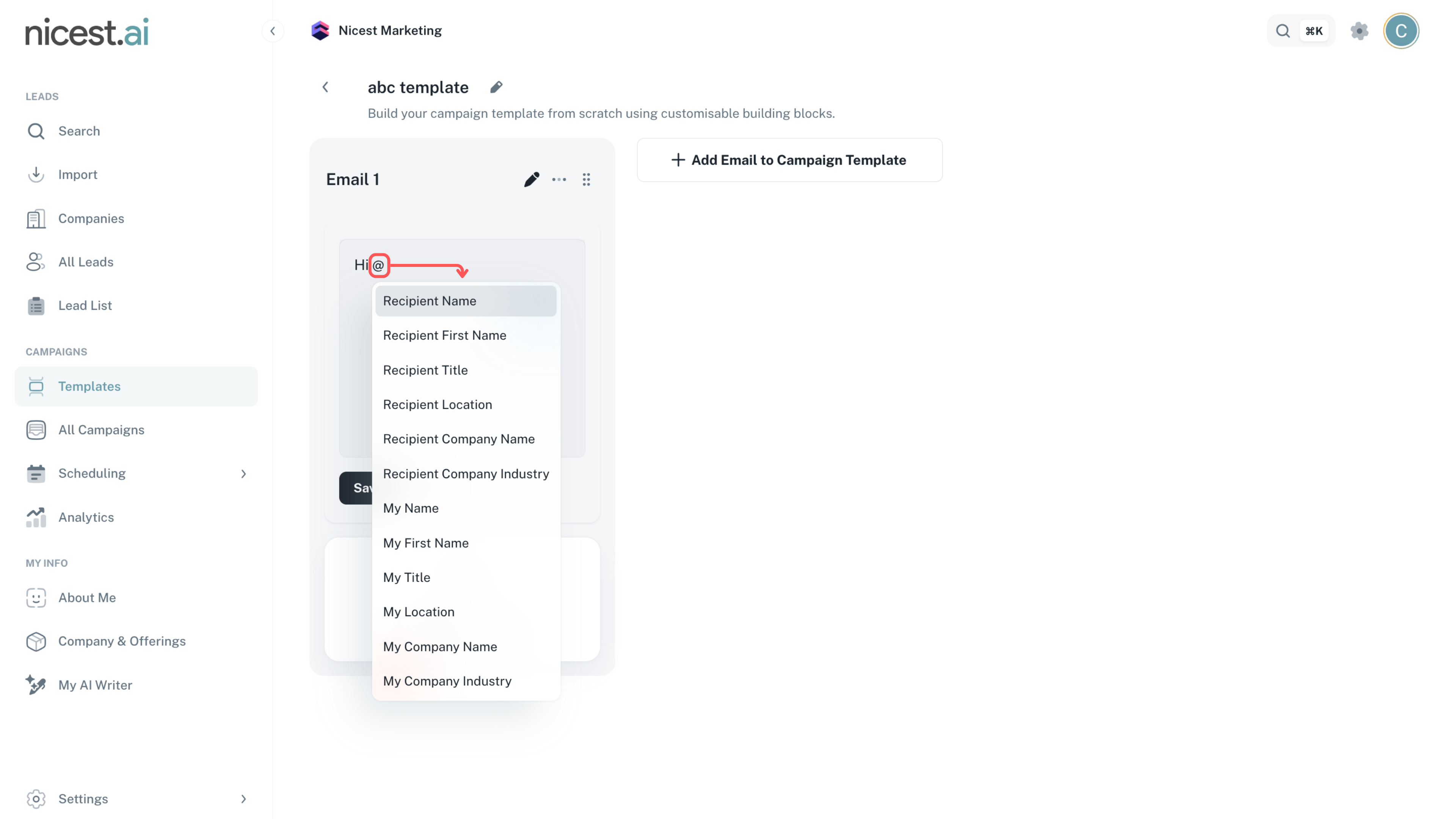 Screenshot showing the use of dynamic placeholders by pressing the @ key