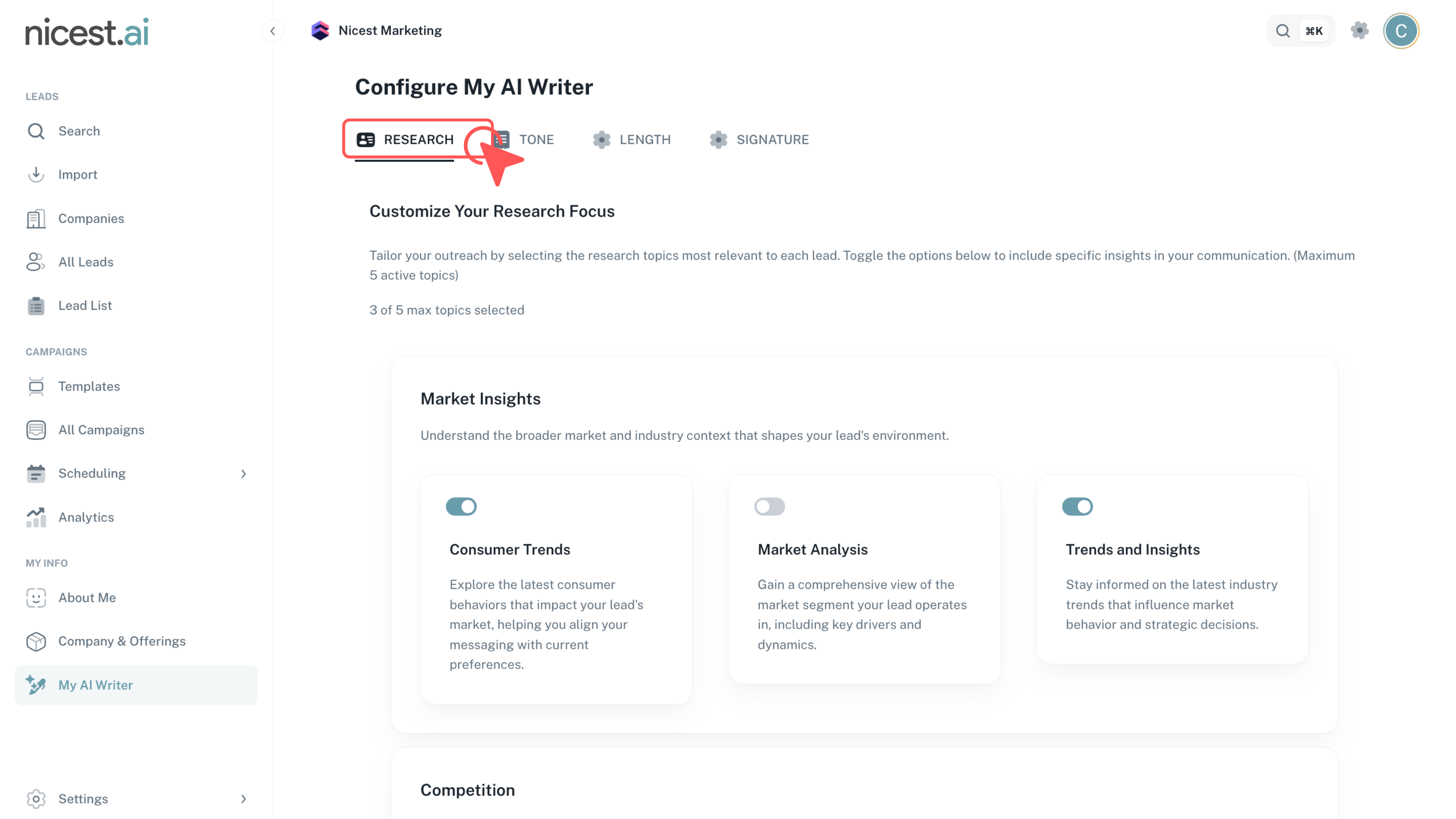 Screenshot of the Research tab in My AI Writer