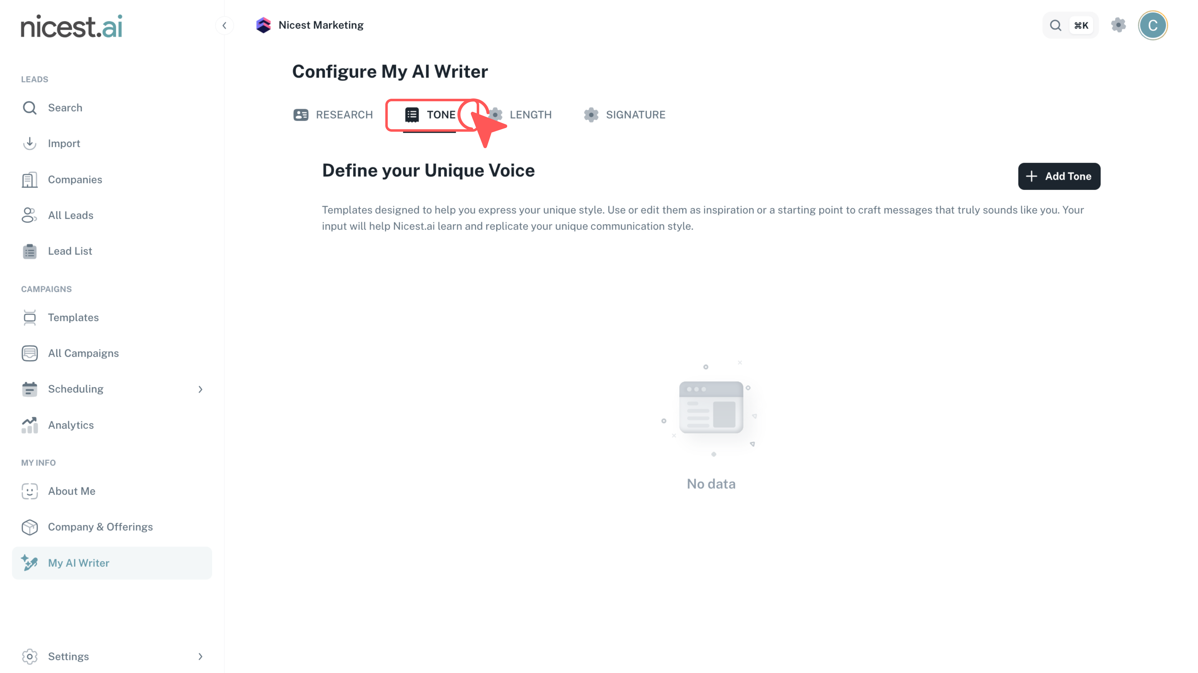 Screenshot of the Tone settings page