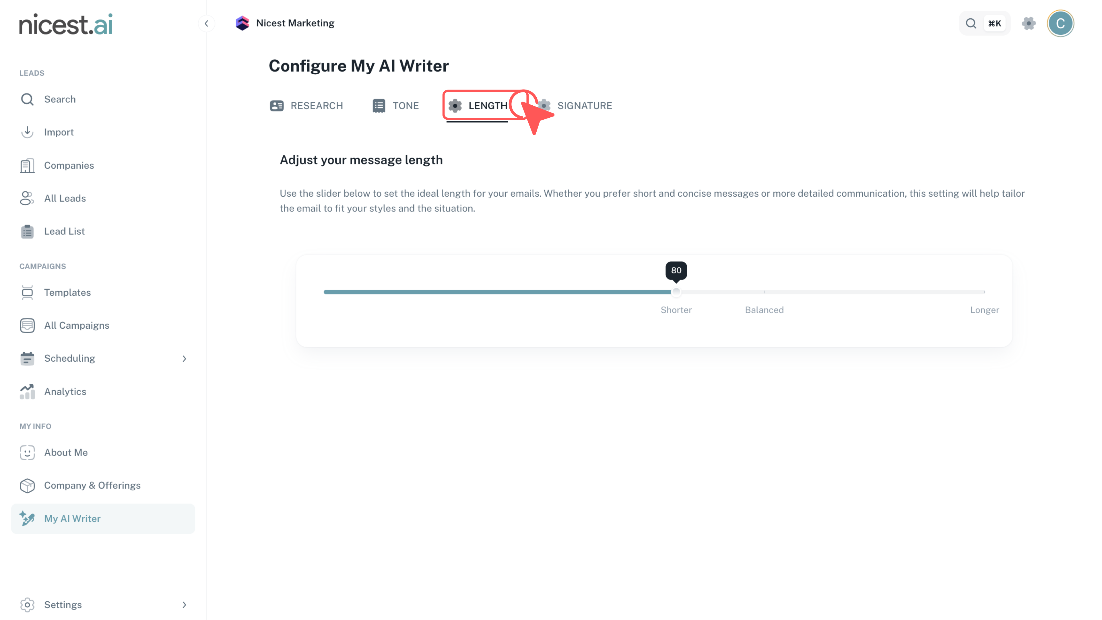 Screenshot of the message length slider