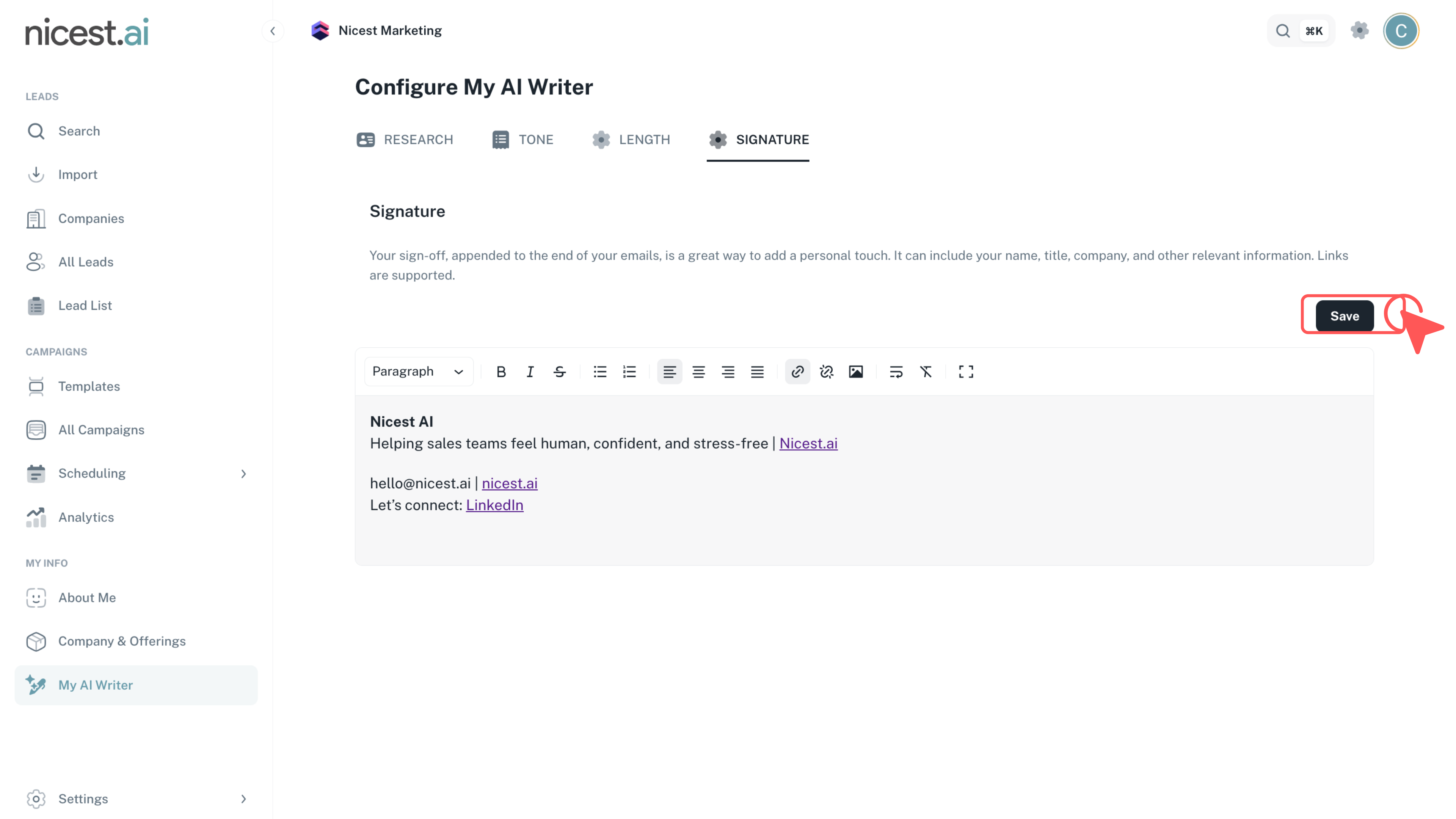 Screenshot of signature setup in My AI Writer